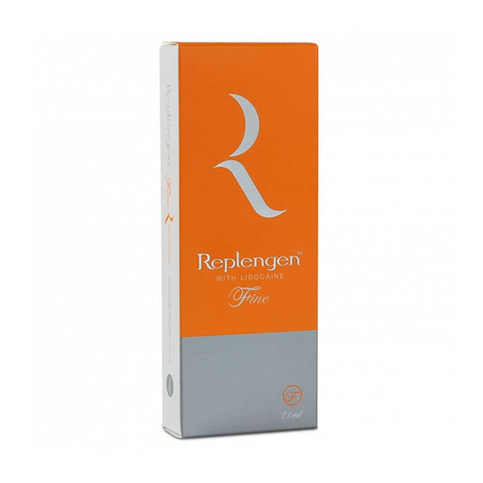 REPLENGEN Fine hyaluronic acid gel packaging for fine lines, includes lidocaine for comfort and hydration.