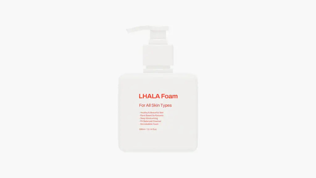 LHALA Foam cleanser bottle designed for all skin types, part of the LHALA skincare line for rejuvenation and nourishment.
