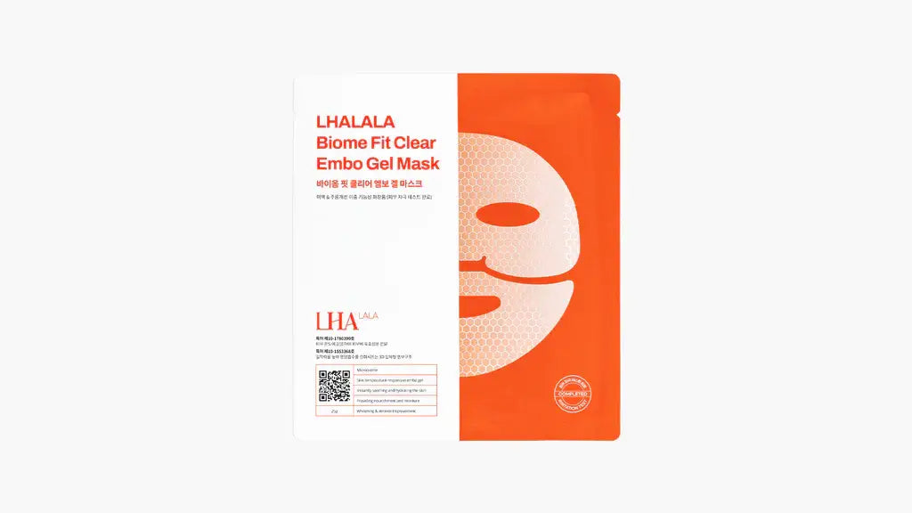 LHALA Biome Fit Clear Embo Gel Mask showcasing Korean skincare formula for brightening and hydrating skin.