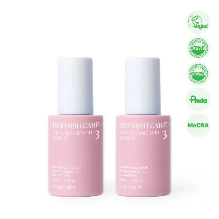 Vanhalla BLEMISH correcting serum with tranexamic acid, brightening skin and treating blemishes, vegan-friendly.
