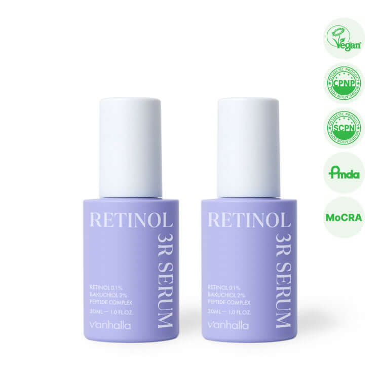 Vanhalla RETINOL 3R SERUM bottles showcasing vegan formula and key benefits for skin renewal, collagen support, and nourishment.
