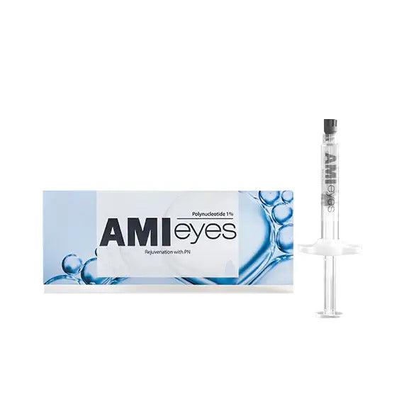 AMI Eyes under-eye rejuvenation kit with syringe and packaging, featuring PDRN for youthful skin.