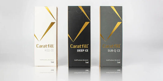 CARATFILL Kiss, Deep CE, and Sub-Q CE packaging showcasing premium lip shaping solutions with hyaluronic acid.