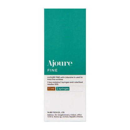 AJOURE Fine packaging showcasing hyaluronic acid gel with lidocaine, designed for correcting fine wrinkles and enhancing lips.