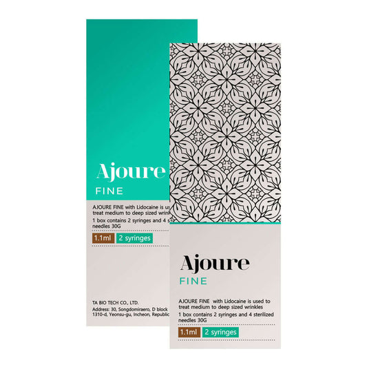 AJOURE Fine hyaluronic acid gel packaging with needles for smooth fine lines and subtle lip enhancements.