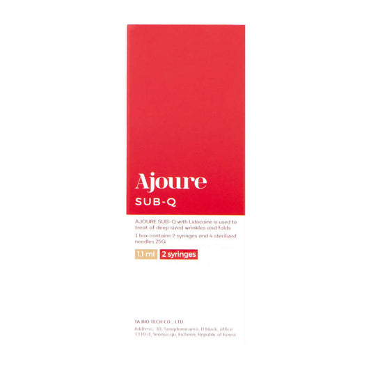 AJOURE Sub-Q packaging, featuring 2 syringes of high-density gel for deep facial volumization and structural support.