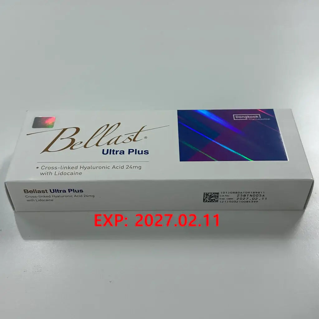 Bellast Ultra Plus box featuring cross-linked hyaluronic acid with lidocaine for deep wrinkle treatment.