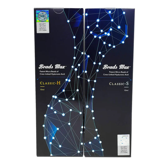 BEADS MAX S packaging showcasing cross-linked hyaluronic acid microbead technology for volume enhancement.