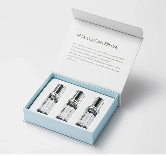 Packaging of BETA GLUCAL SERUM, featuring three glass vials, highlighting its hydrating and protective benefits.