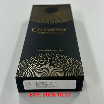 Celosome Implant packaging, a high-viscosity sodium hyaluronate gel for structural support and rejuvenation.