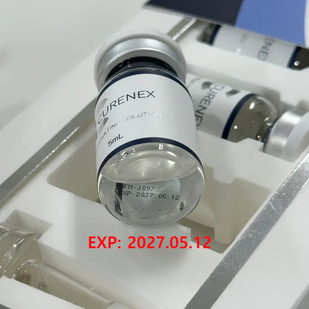 CureNex skin booster vial in packaging, featuring PDRN and peptides for deep hydration and skin revitalization.