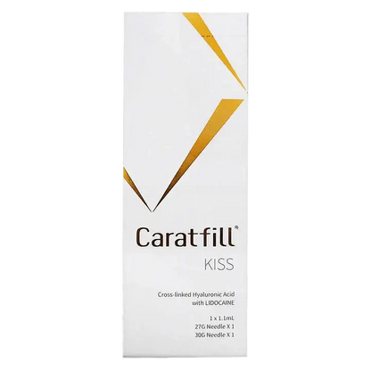 Caratfill Kiss soft gel packaging featuring cross-linked hyaluronic acid for lip shaping and fine lines.