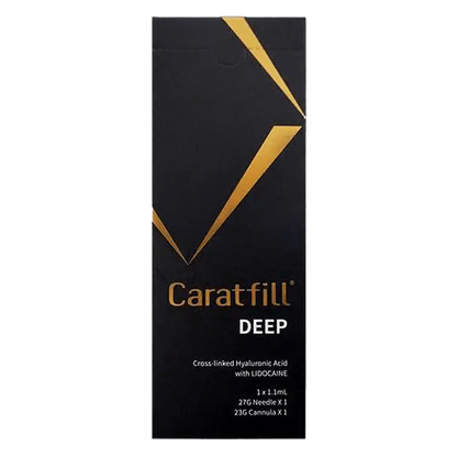 CARATFILL Deep packaging for hyaluronic acid gel with lidocaine, designed for moderate to deep wrinkles and volume restoration.