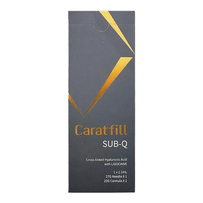 Caratfill SUB-Q packaging featuring cross-linked hyaluronic acid with lidocaine for facial structure and volume.