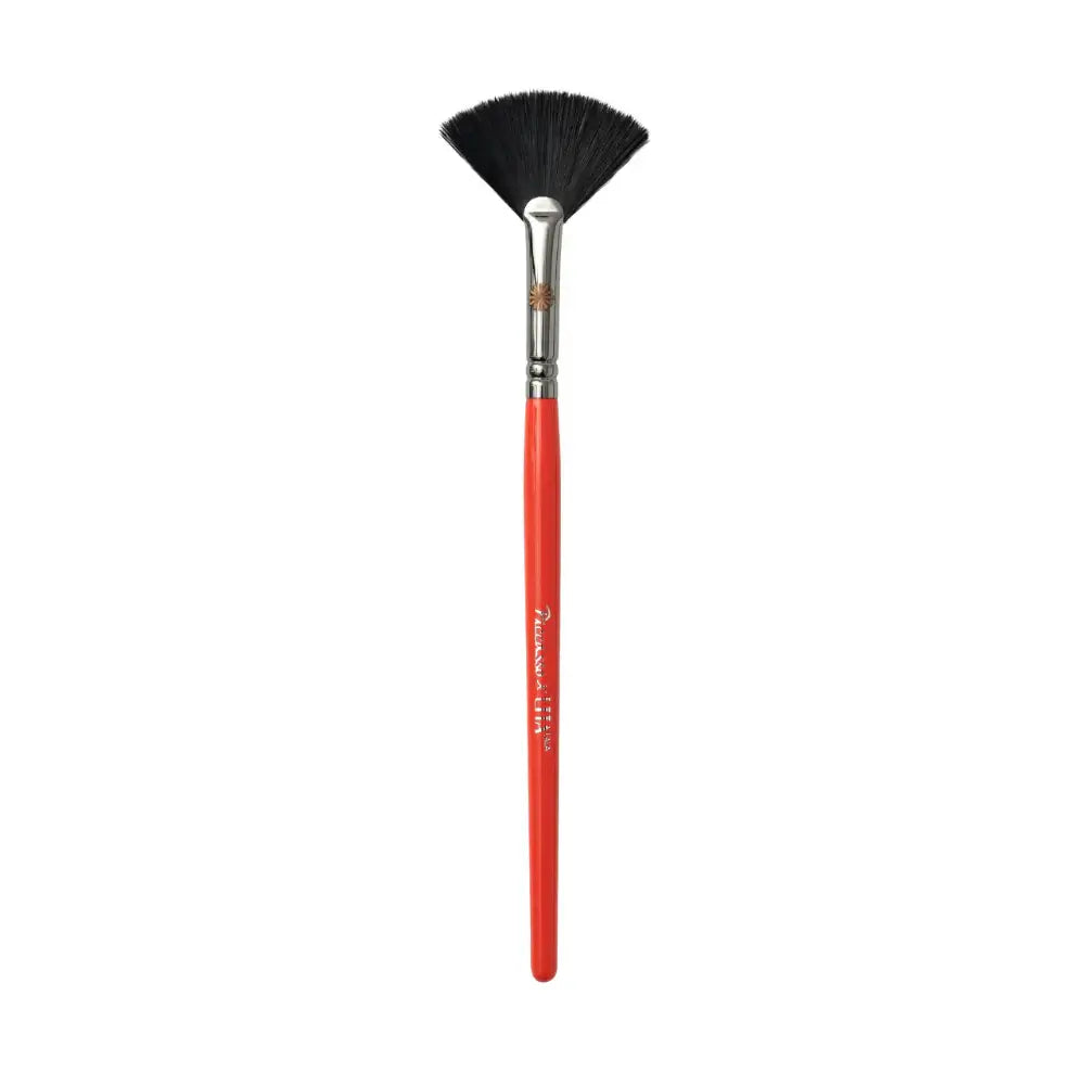 LHALA fan brush with black bristles and red handle, ideal for makeup application and skincare routines.
