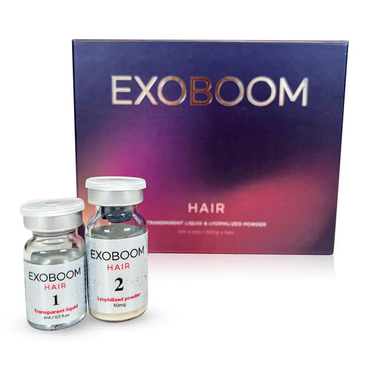 EXOBOOM HAIR FILLER kit with transparent liquid and lyophilized powder for deep scalp treatment and hair growth.