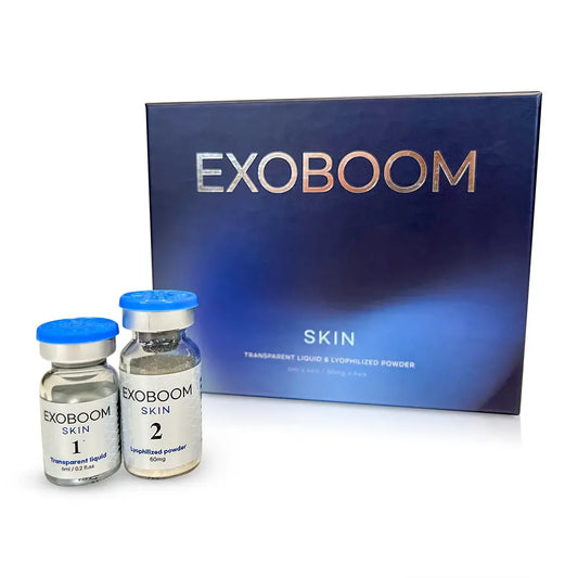 EXOBOOM skincare kit with two vials, transparent liquid and lyophilized powder for intensive renewal and nourishment.