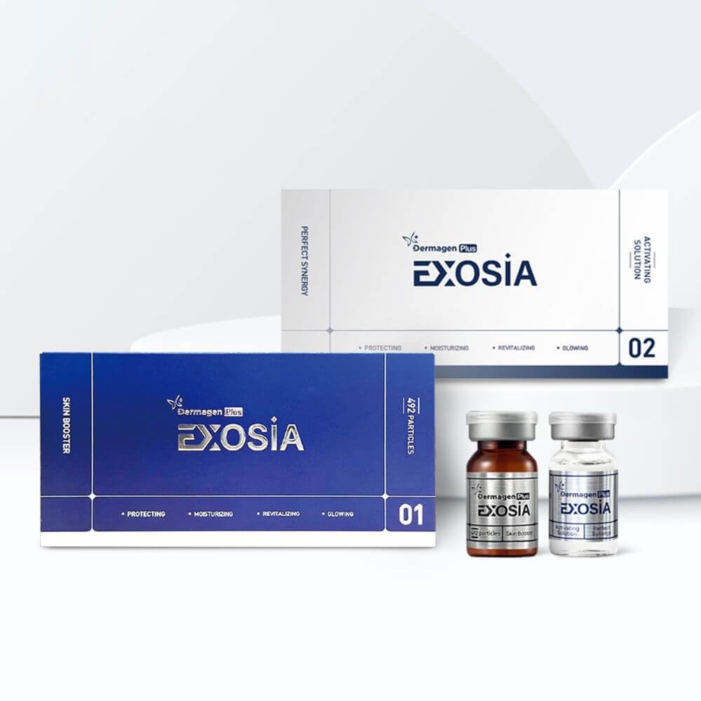 EXOSIA Skin Booster Part 2 packaging featuring exosome infusion for hydration and skin repair, emphasizing Nutrination benefits.