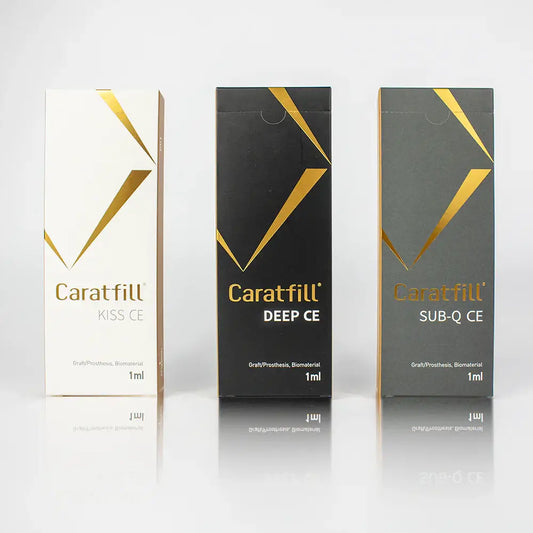 Packaging of Caratfill products: Kiss CE, Deep CE, and Sub-Q CE, showcasing high-quality aesthetic solutions for volumizing.