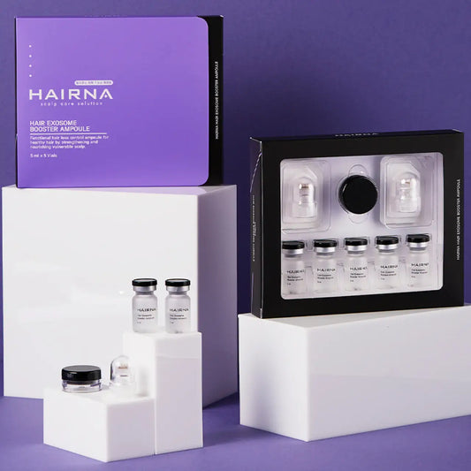 HAIRNA Exosome Booster Ampoule packaging displaying innovative hair rejuvenation solution with exosomes and peptides.