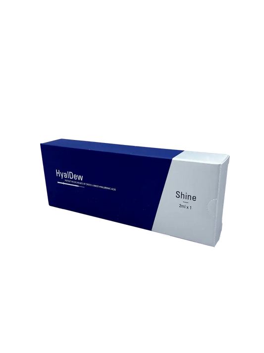 HyalDew Shine packaging showcasing premium hyaluronic acid gel for skin rejuvenation and hydration.