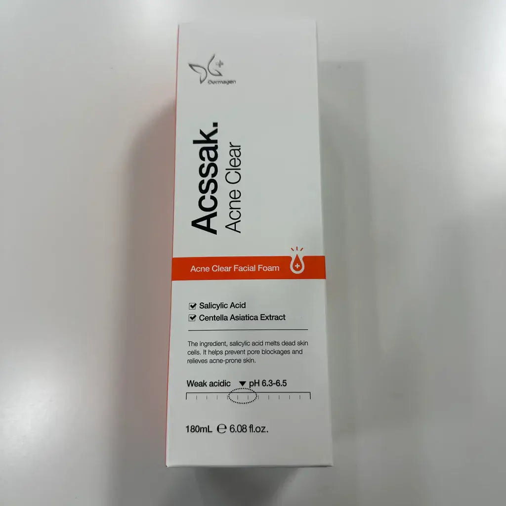 Acssak Acne Clear Facial Foam 180ml, enriched with salicylic acid and Centella Asiatica for effective acne treatment.
