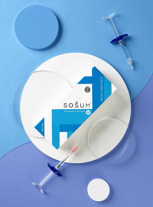 SOSUM M hyaluronic acid gel packaging with syringes on a blue and white background, ideal for rejuvenation and Nutrination.