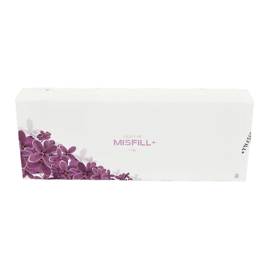 MISFILL+ Light gel packaging featuring elegant purple flowers, designed for delicate facial refinement.