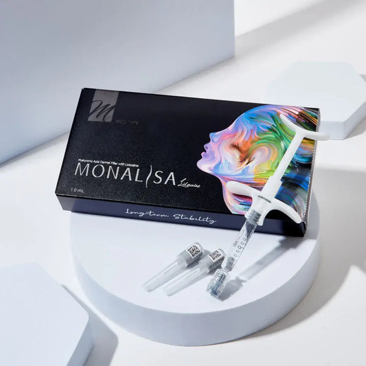 MONALISA FILLER MILD box and syringe, premium hyaluronic acid for subtle rejuvenation and hydration.