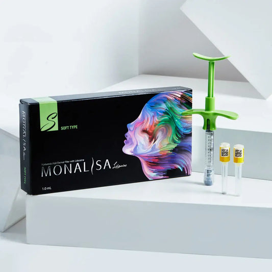 MONALISA FILLER SOFT type packaging with a syringe and vials, ideal for subtle enhancements and deep hydration.
