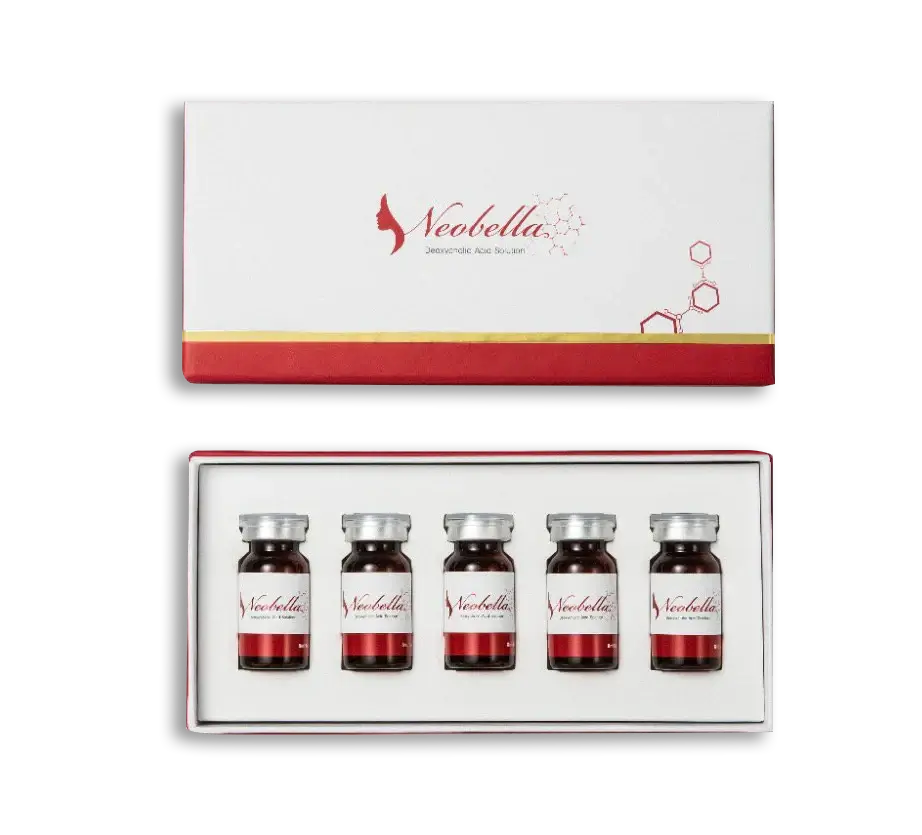 NEOBELLA 5 x 8ml vials in elegant packaging, FDA-approved slimming solution for body contouring and double chin reduction.