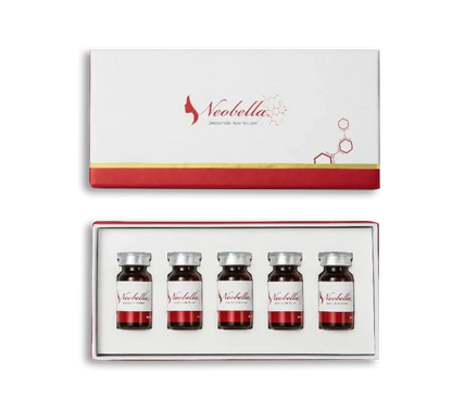 NEOBELLA 5 x 8ml vials in elegant packaging, FDA-approved slimming solution for body contouring and double chin reduction.