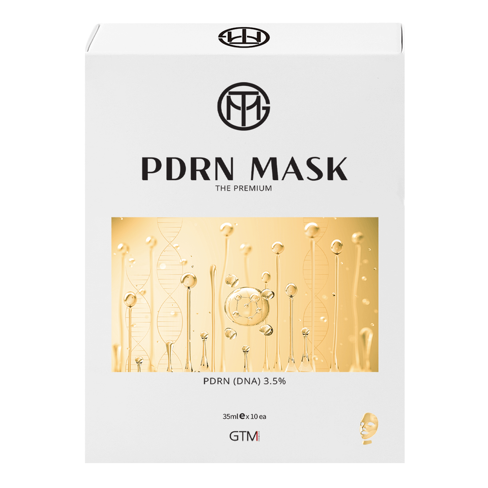GTM PDRN MASK box packaging featuring golden DNA graphics, highlighting regenerative skincare ingredients.