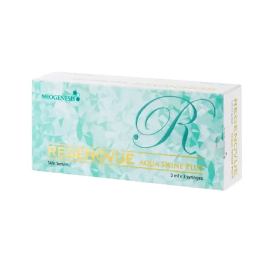 REGENOVUE AQUASHINE PLUS GOLD skin serum box, featuring 3ml x 3 syringes for hydration and nutrition boost.