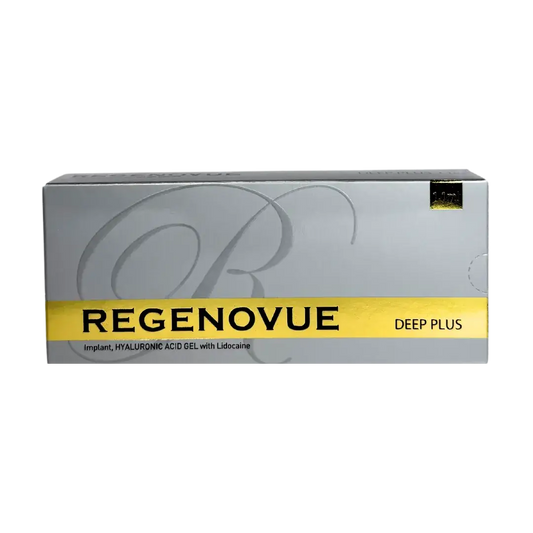 Regenovue Deep Plus 1.1ml packaging, hyaluronic acid gel for wrinkle treatment, promotes skin nutrination.