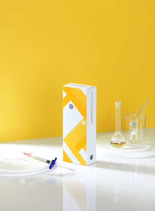 SOSUM S hyaluronic acid gel packaging on a vibrant yellow background with lab equipment.