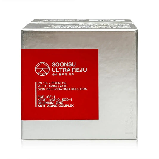 SOONSU ULTRA REJU packaging featuring multi-amino acids for skin rejuvenation and anti-aging solutions.