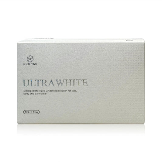 ULTRA WHITE 3ml x 5vials brightening booster by Soonsu for face, body, and dark circles, enhances complexion with vitamins.