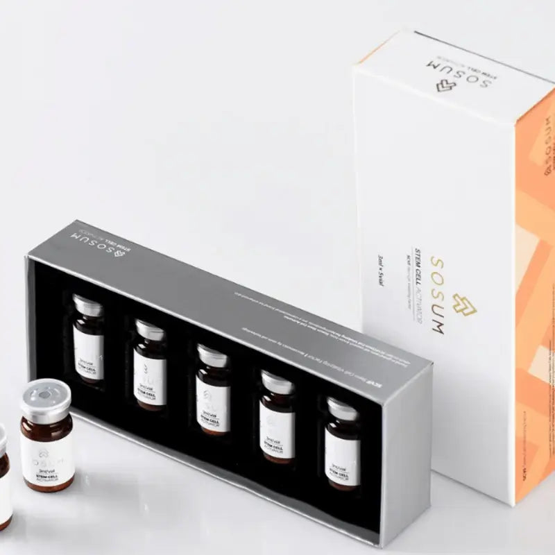 SOSUM Stem Cell Activator in a sleek box featuring 5 vials, designed to boost cellular renewal and nourishment.