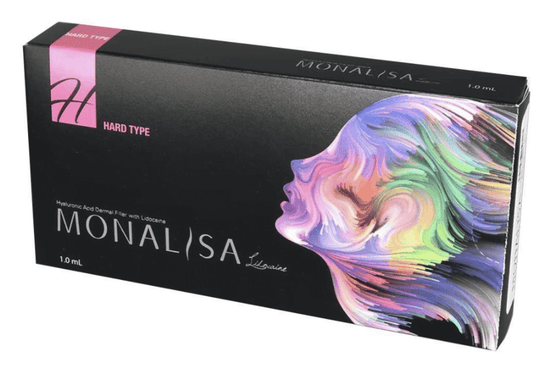 MONALISA FILLER Hard Type box showcasing structural support for jawline and cheeks with high-density hyaluronic acid.