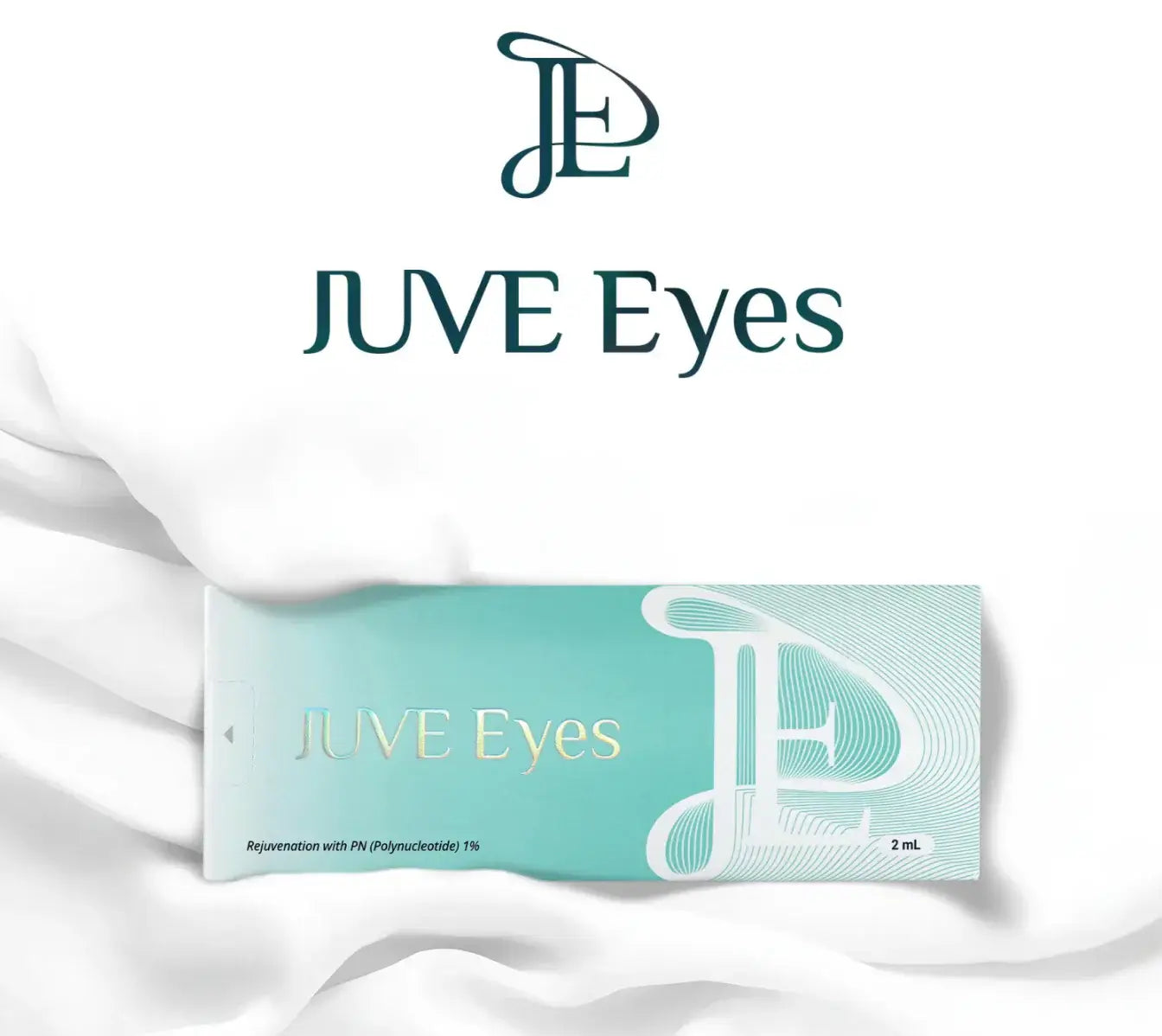 JUVE EYE packaging showcasing the 2ml applicator for hydrating eye care with polynucleotides and hyaluronic acid.