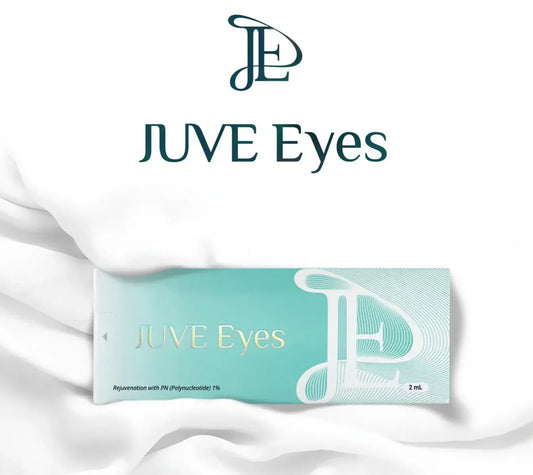 JUVE EYE packaging showcasing the 2ml applicator for hydrating eye care with polynucleotides and hyaluronic acid.