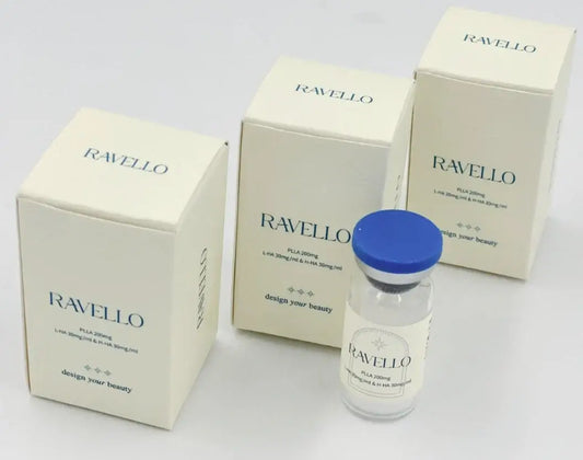 Ravello PLLA filler packaging showcasing the serum designed to enhance beauty and treat severe facial wrinkles.