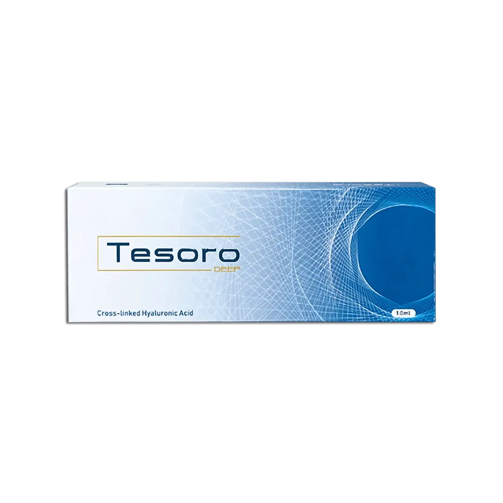 TESORO Deep Gel packaging, formulated with cross-linked hyaluronic acid for moderate to deep wrinkles.