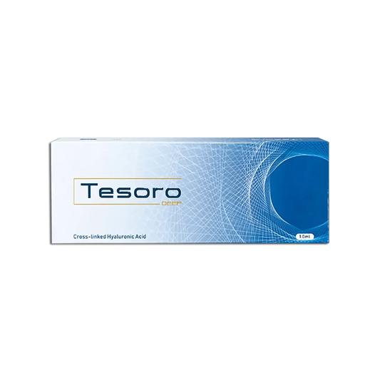 TESORO Deep Gel packaging, formulated with cross-linked hyaluronic acid for moderate to deep wrinkles.