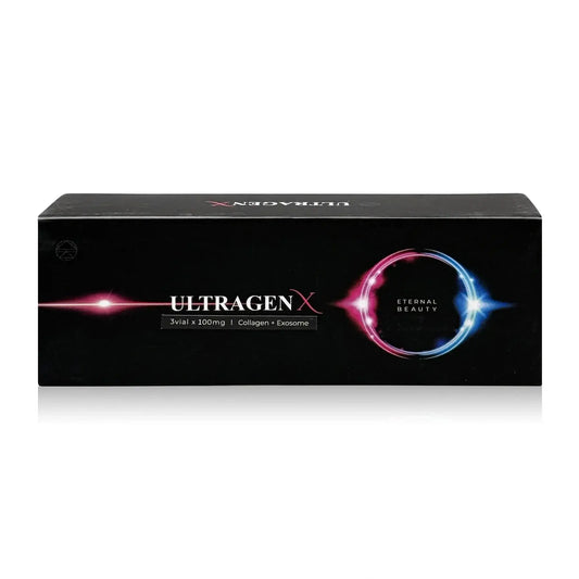 ULTRA GEN X box packaging for collagen and exosome, promoting hydration and eternal beauty.