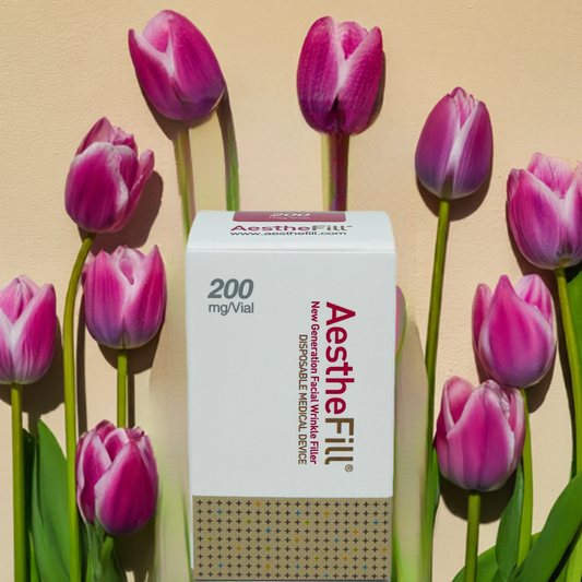Nutrinations Aesthefill 200 mg skin booster box surrounded by pink tulips buy aesthefill 200mg canada