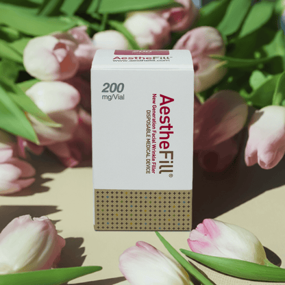 Aesthefill 200mg product box by Nutrination surrounded by tulips for facial rejuvenation.