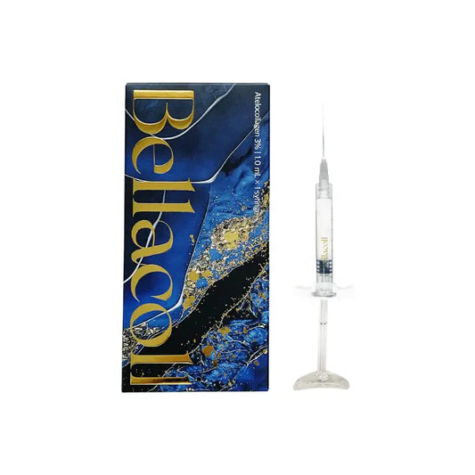 BELLACOLL Korean Atelocollagen filler syringe and packaging, enhancing nutrition and moisture for skin rejuvenation.