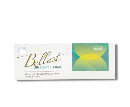 Bellast Ultra Soft L product packaging, featuring cross-linked hyaluronic acid for natural cosmetic enhancement.